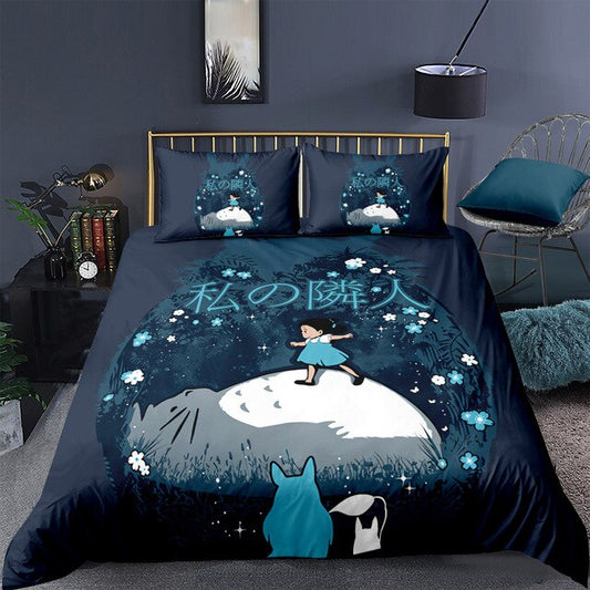 SGhibli Bedding Set Cute Tororo Sleeping At Night Duvet Covers Black Unique Gift