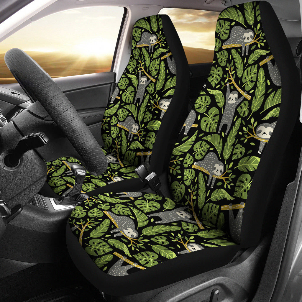 Sloth Car Seat Covers Cute Sloth On Tree Leaves Pattern Seat Covers Green Gray