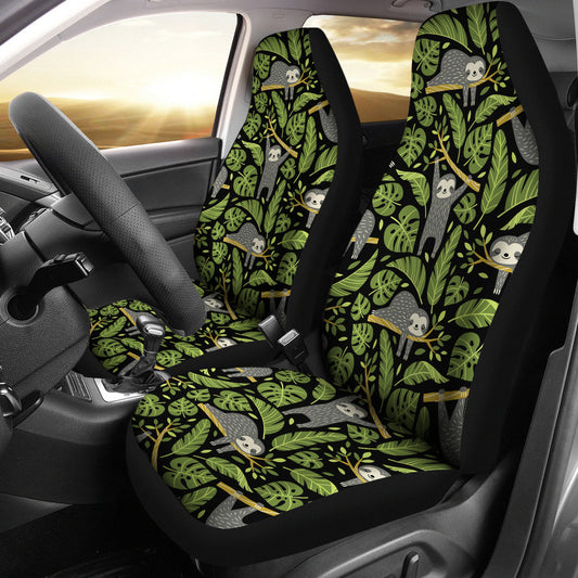 Sloth Car Seat Covers Cute Sloth On Tree Leaves Pattern Seat Covers Green Gray