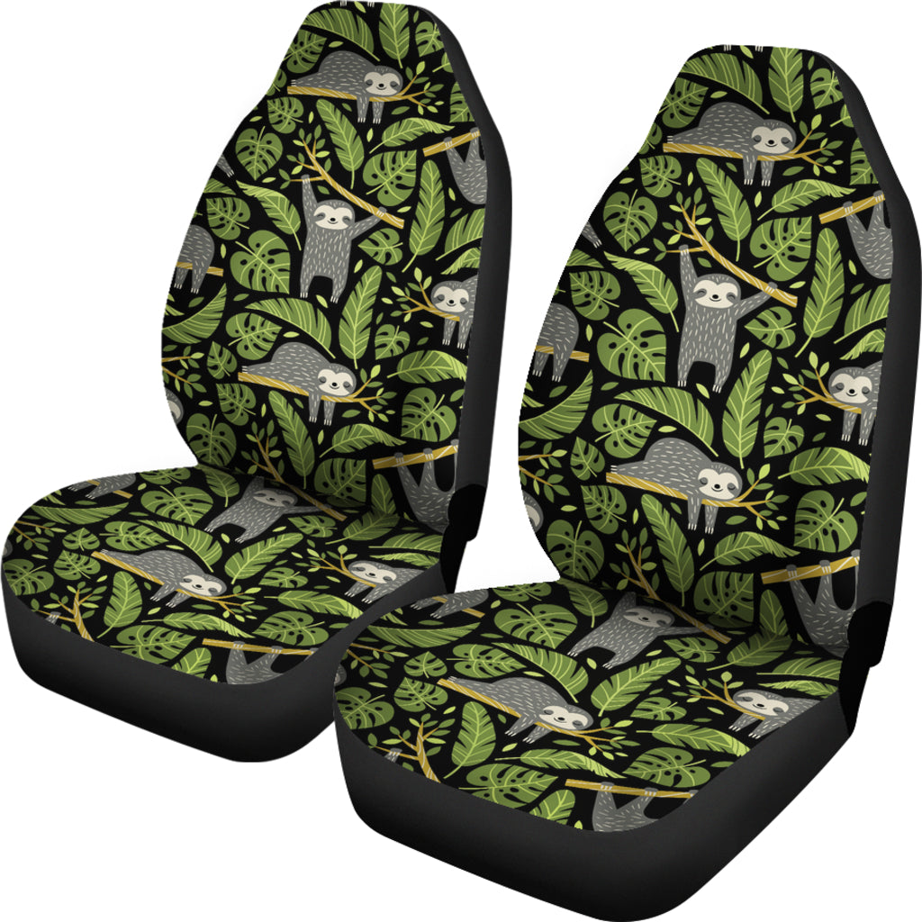 Sloth Car Seat Covers Cute Sloth On Tree Leaves Pattern Seat Covers Green Gray
