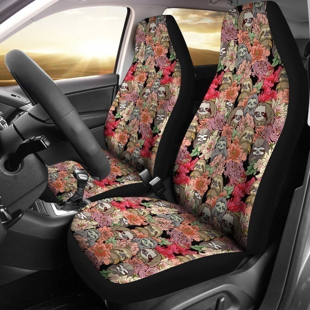 Sloth Car Seat Covers Cute Sloths With Flowers Doodle Pattern Seat Cov ...