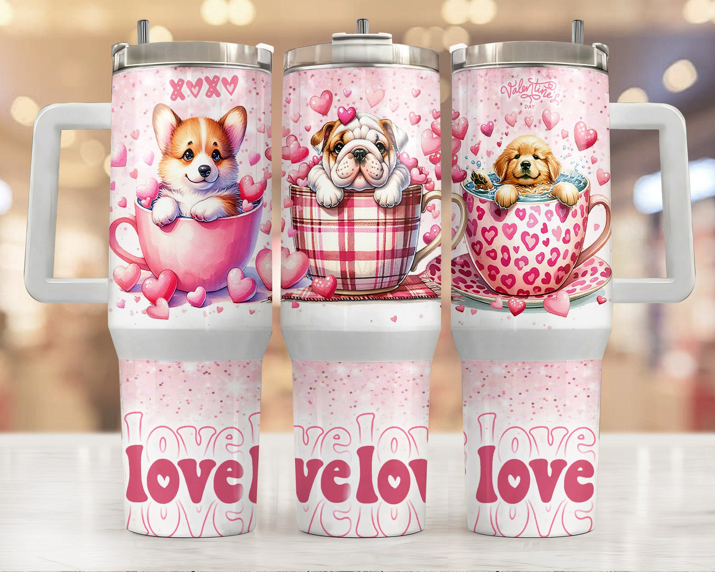 Dog 40 Oz Tumbler Cute Love Puppies In Cups Graphic Tumbler 40 Oz Pink