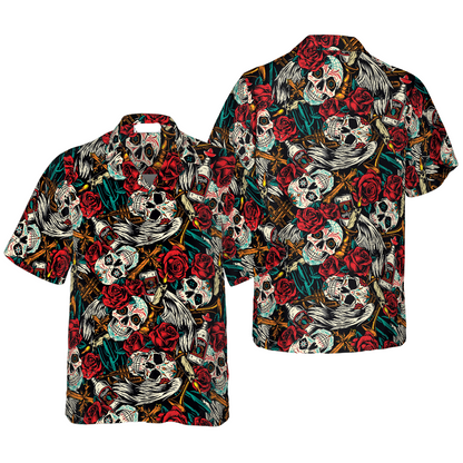 Skull Hawaii Shirt Sugar Skull Rose Candle Pattern Hawaiian Shirt Red White Unisex