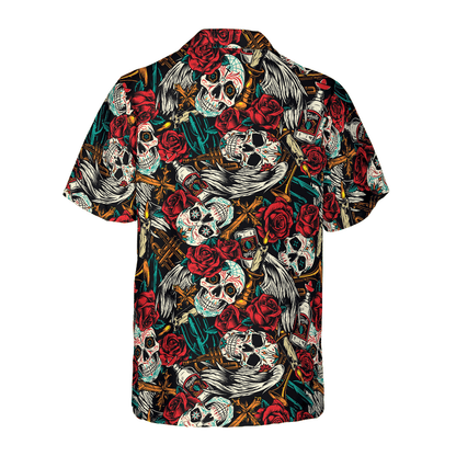 Skull Hawaii Shirt Sugar Skull Rose Candle Pattern Hawaiian Shirt Red White Unisex