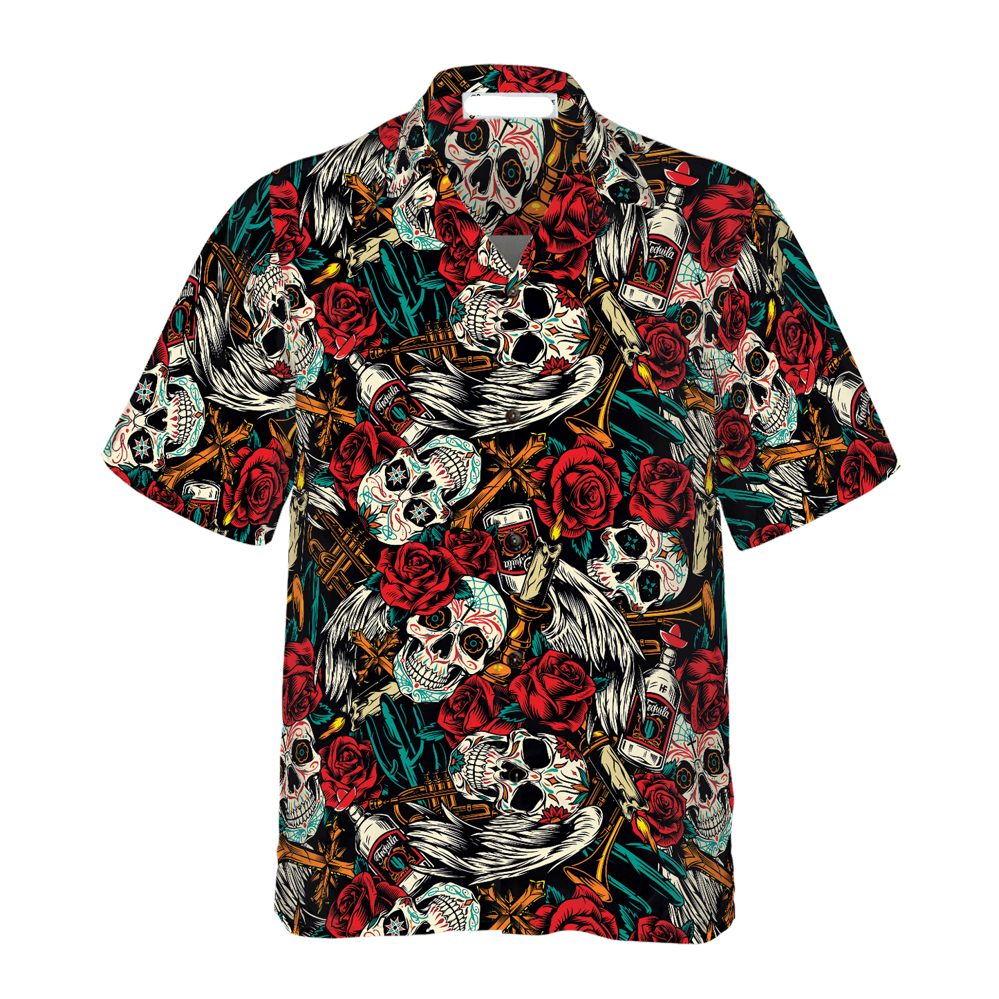 Skull Hawaii Shirt Sugar Skull Rose Candle Pattern Hawaiian Shirt Red White Unisex