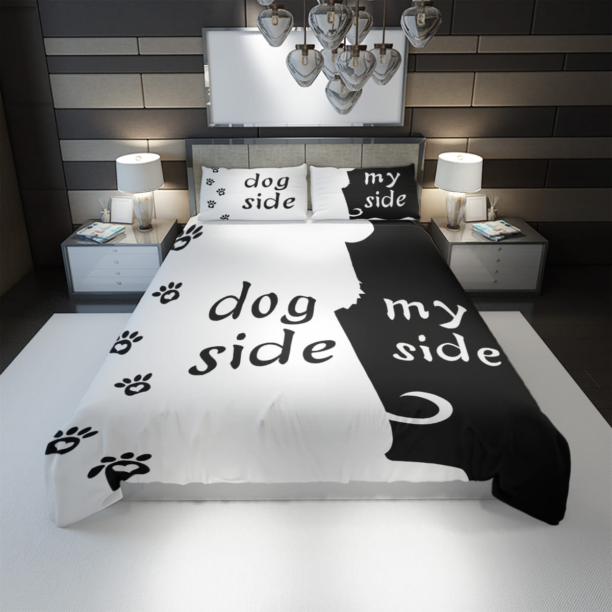 Dog Bedding Set Dog Side And My Side Pawprints Pattern Duvet Covers Black White Unique Gift