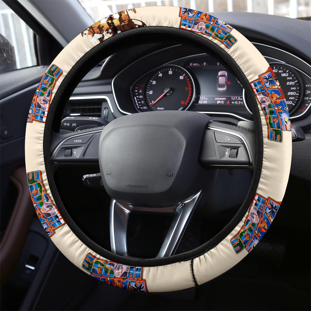 Dragon Ball Steering Wheel Cover Master Roshi With Goku And Krillin Sunset Silhouette Driving Wheel Cover Colorful