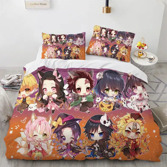 Demon Slayer Bedding Set Demon Slayer Chibi Characters Halloween Duvet Covers Colorful Unique Gift