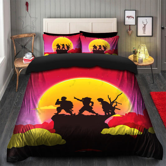 Demon Slayer Bedding Set Tanjiro Team In Sunset Silhouette Duvet Covers Yellow Red Unique Gift