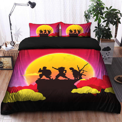 Demon Slayer Bedding Set Tanjiro Team In Sunset Silhouette Duvet Covers Yellow Red Unique Gift