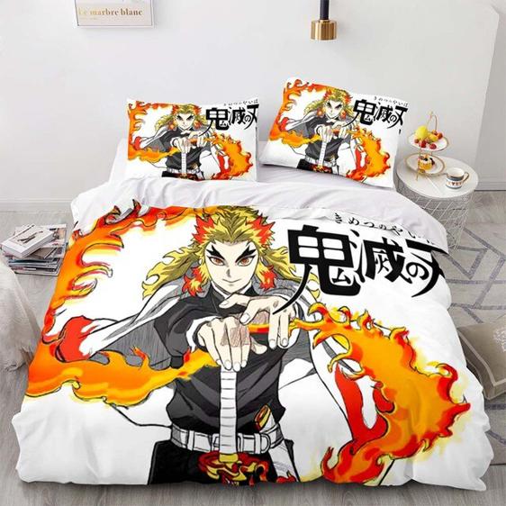 Demon Slayer Bedding Set Demon Slayer Late Flame Hashira Kyojuro Duvet Covers Orange White Unique Gift