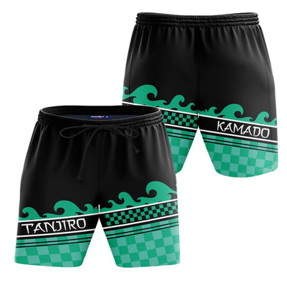 Demon Slayer Shorts Demon Slayer Tanjiro Komado Pattern Beach Shorts Black Green