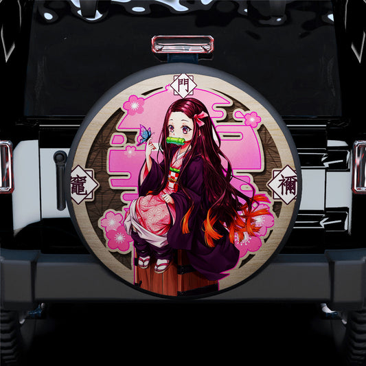 Demon Slayer Spare Tire Cover Cute Nezuko Kamado Graphic Wood Pattern Tire Covers Pink Brown
