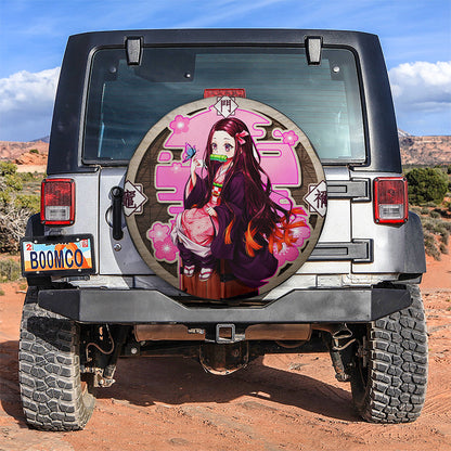 Demon Slayer Spare Tire Cover Cute Nezuko Kamado Graphic Wood Pattern Tire Covers Pink Brown