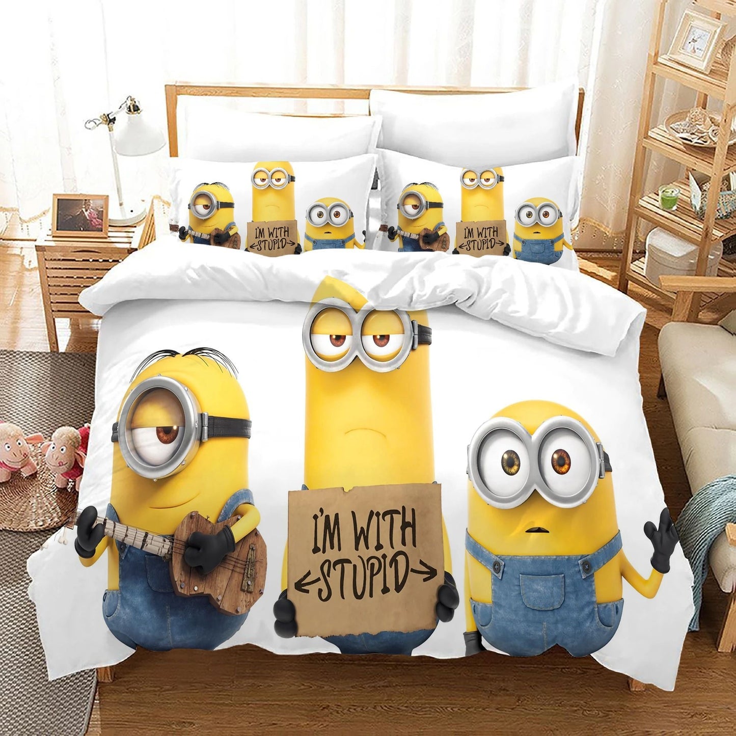 Minions Bedding Set Kevin Stuart Bob I'm With Stupid Duvet Covers Yellow White Unique Gift