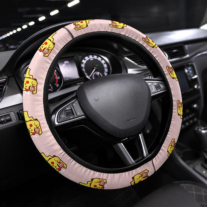 PKM Steering Wheel Cover Chibi Pikachu With Cup Pattern Driving Wheel Cover Pink Yellow