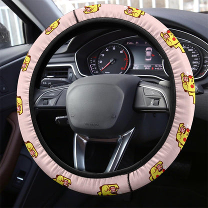 PKM Steering Wheel Cover Chibi Pikachu With Cup Pattern Driving Wheel Cover Pink Yellow