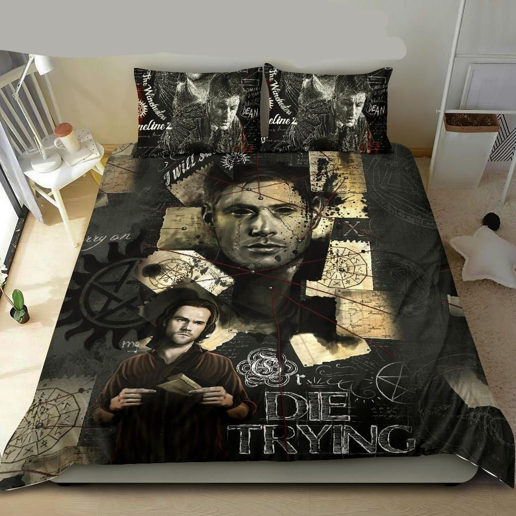 Supernatural Bedding Set Die Trying Supernatural Dean And Sam Duvet Covers Black Unique Gift