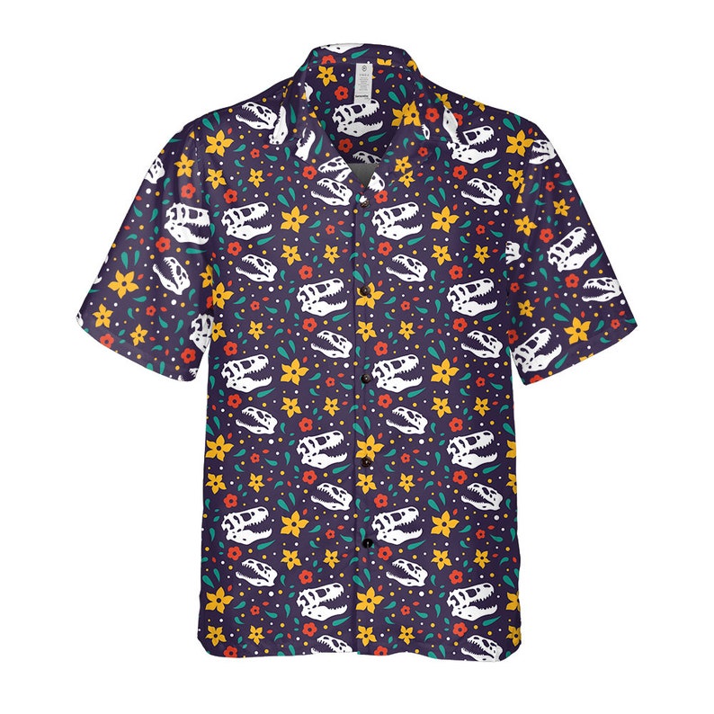 Dinosaur Hawaii Shirt Cute Dinosaur Fossil Flower Pattern Hawaiian Shirt Colorful Unisex