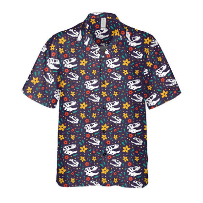 Dinosaur Hawaii Shirt Cute Dinosaur Fossil Flower Pattern Hawaiian Shirt Colorful Unisex