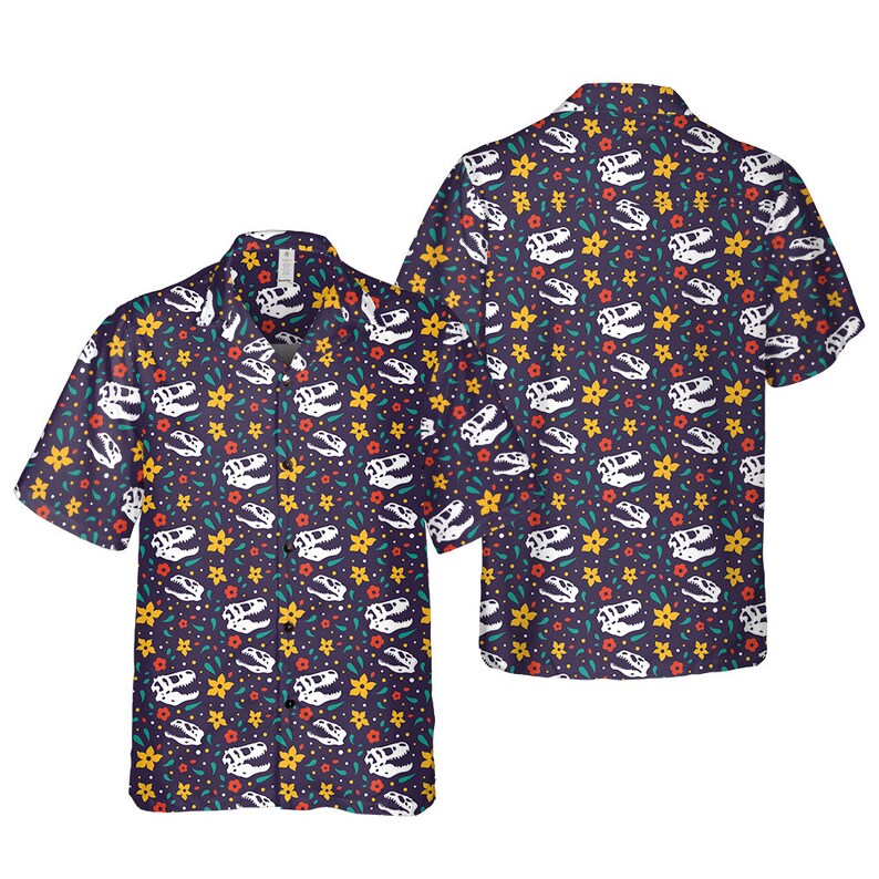 Dinosaur Hawaii Shirt Cute Dinosaur Fossil Flower Pattern Hawaiian Shirt Colorful Unisex