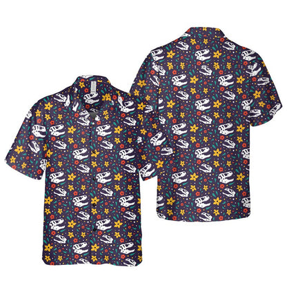 Dinosaur Hawaii Shirt Cute Dinosaur Fossil Flower Pattern Hawaiian Shirt Colorful Unisex