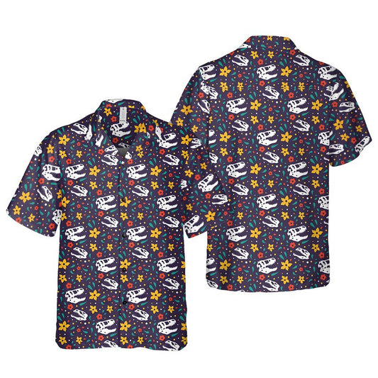Dinosaur Hawaii Shirt Cute Dinosaur Fossil Flower Pattern Hawaiian Shirt Colorful Unisex