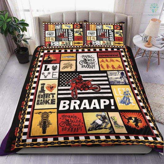 Motorcycle Bedding Set Young Wild And Braaap Duvet Covers Red Yellow Unique Gift