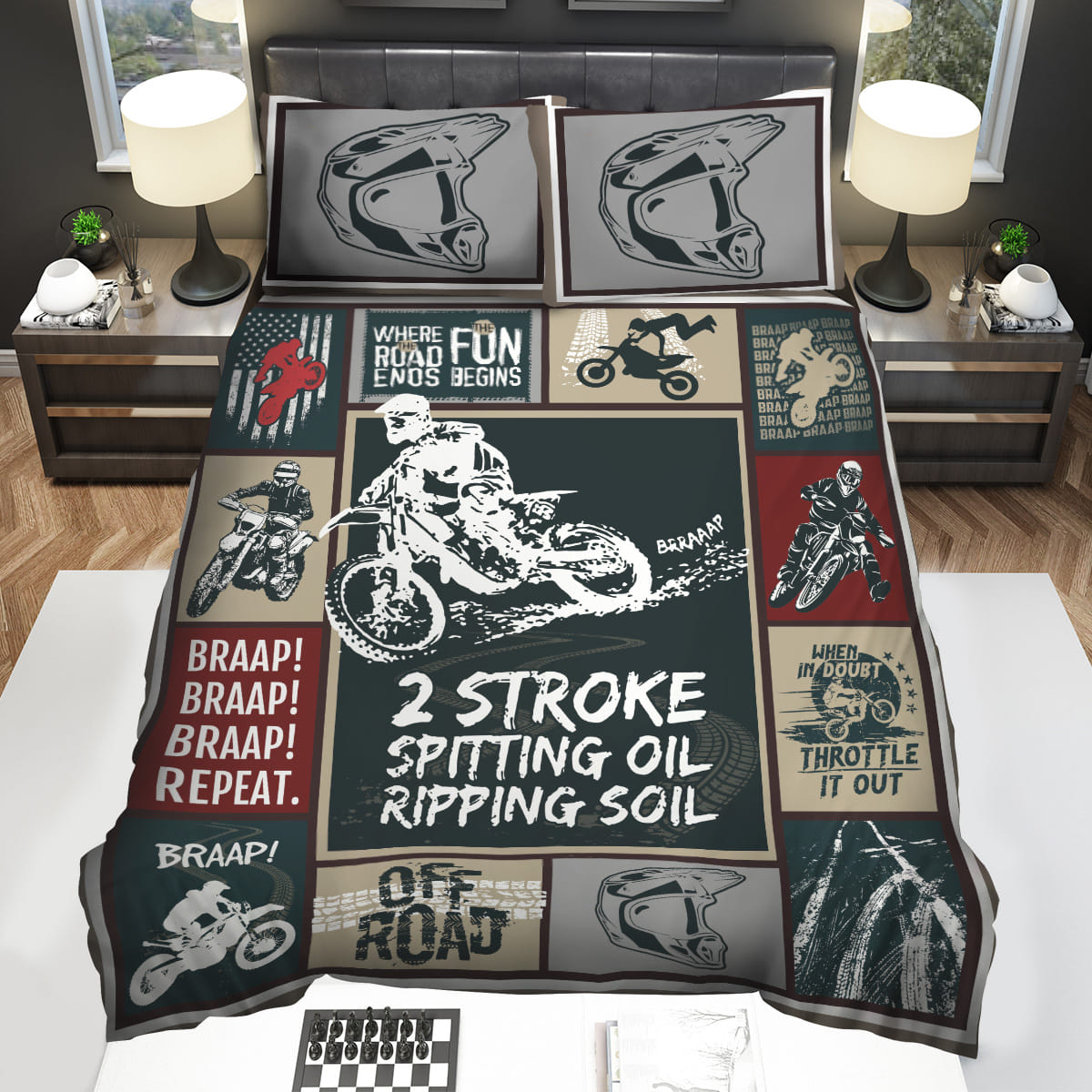 Motorcycle Bedding Set Two Stroke Spitting Oil Ripping Soil Duvet Covers Black Unique Gift