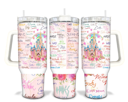 DN 40 Oz Tumbler DN Castle Characters Names Pattern Tumbler 40 Oz White Pink