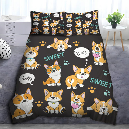 Dog Bedding Set Hello Sweet Corgi Dog Pattern Duvet Covers Brown Unique Gift