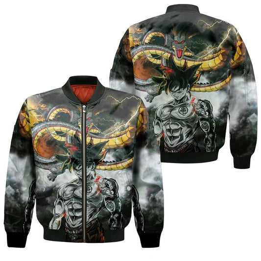 Dragon Ball Bomber Jacket Dragon Ball Goku Shenron Graphic Bomber Black Gray Unisex