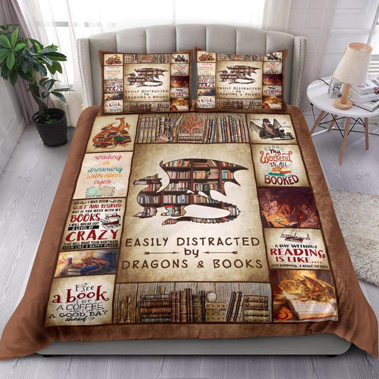 Book Bedding Set Easily Distracted By Books And Dragons Duvet Covers Brown Unique Gift