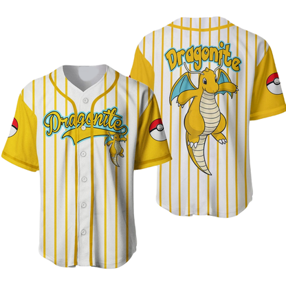 PKM Baseball Jersey PKM Dragonite Graphic Jersey Shirt Yellow White Unisex