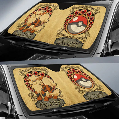 PKM Car Sun Shade Vintage Eevee Star Pokeball Pattern Winshield Sun Shade Yellow Brown