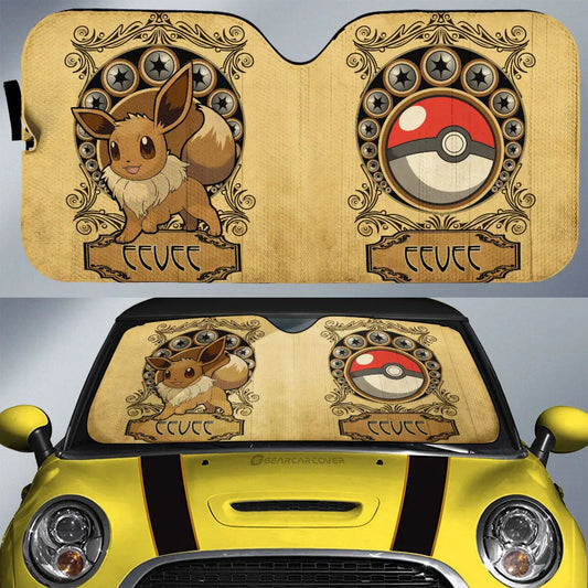 PKM Car Sun Shade Vintage Eevee Star Pokeball Pattern Winshield Sun Shade Yellow Brown