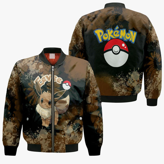 PKM Bomber Jacket PKM Eevee Tie Dye Pattern Bomber Black Brown Unisex