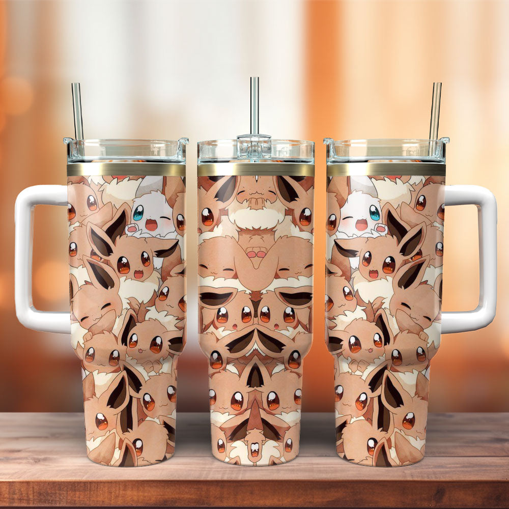 PKM 40 Oz Tumbler PKM Eevee Emotions Pattern Tumbler 40 Oz Brown