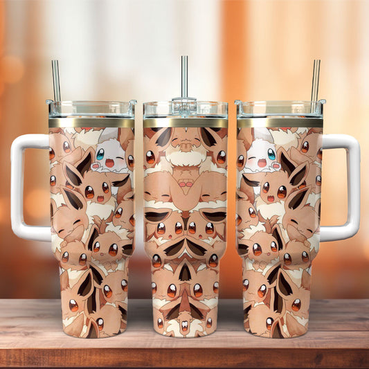 PKM 40 Oz Tumbler PKM Eevee Emotions Pattern Tumbler 40 Oz Brown