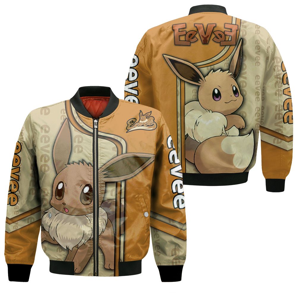 PKM Bomber Jacket PKM Eevee Graphic Name Pattern Bomber Brown Unisex