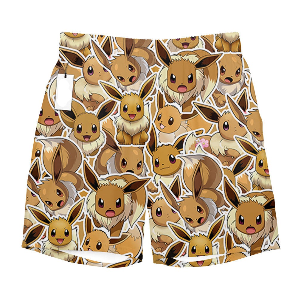 PKM Shorts PKM Eevee Graphic Pattern Beach Shorts Brown