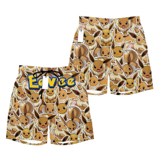 PKM Shorts PKM Eevee Graphic Pattern Beach Shorts Brown