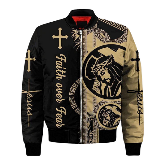 Jesus Bomber Jacket Faith Over Fear Jesus Cross Pattern Bomber Black Yellow Unisex