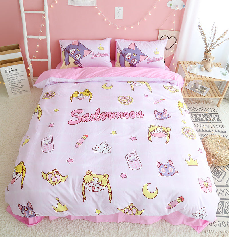 Sailor Moon Bedding Set Usagi And Luna Cute Items Pattern Duvet Covers Pink Unique Gift