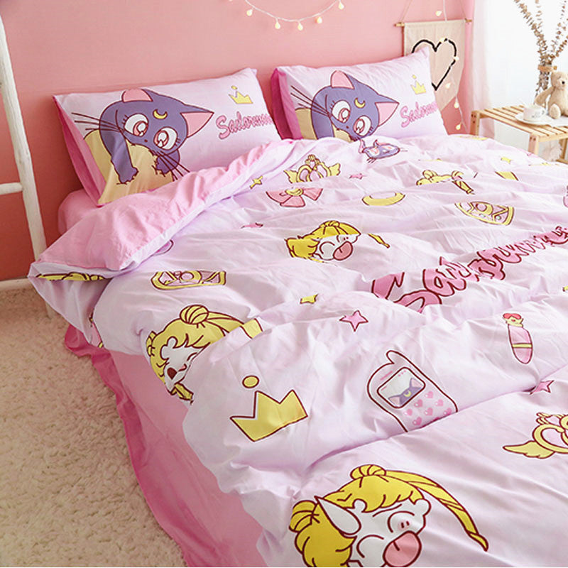 Sailor Moon Bedding Set Usagi And Luna Cute Items Pattern Duvet Covers Pink Unique Gift