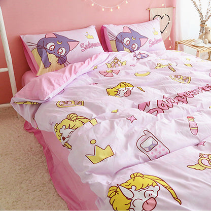 Sailor Moon Bedding Set Usagi And Luna Cute Items Pattern Duvet Covers Pink Unique Gift