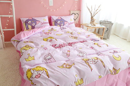 Sailor Moon Bedding Set Usagi And Luna Cute Items Pattern Duvet Covers Pink Unique Gift