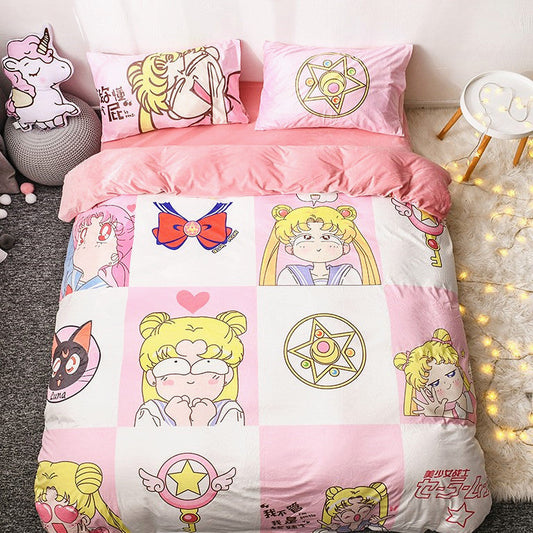 Sailor Moon Bedding Set Sailor Moon Cat And Symbol Pattern Duvet Covers Pink Unique Gift