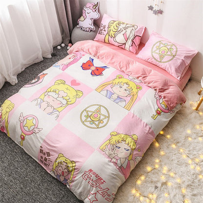 Sailor Moon Bedding Set Sailor Moon Cat And Symbol Pattern Duvet Covers Pink Unique Gift