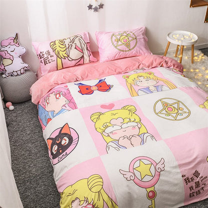 Sailor Moon Bedding Set Sailor Moon Cat And Symbol Pattern Duvet Covers Pink Unique Gift